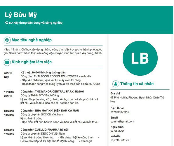 Mẫu CV Kỹ sư xây dựng dân dụng và công nghiệp