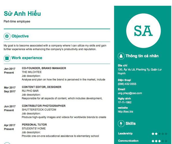 Mẫu CV Part-time employee