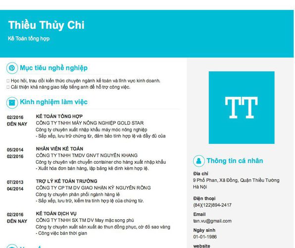 Mẫu CV Kế Toán tổng hợp