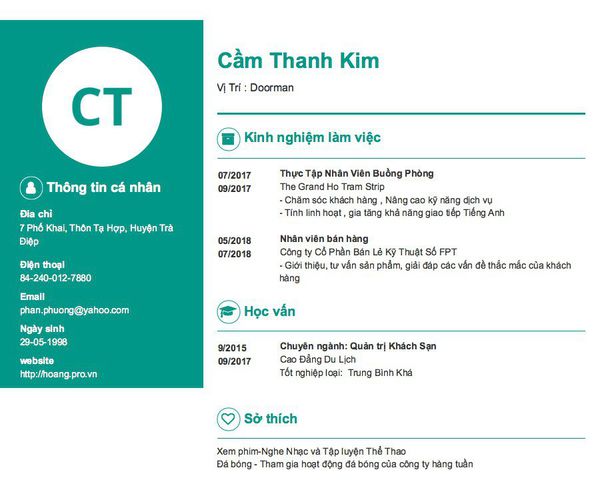 Mẫu CV Vị Trí : Doorman