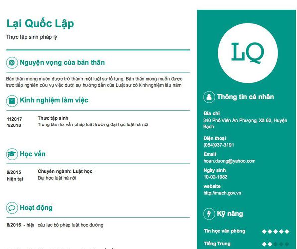 Mẫu CV Thực tập sinh pháp lý