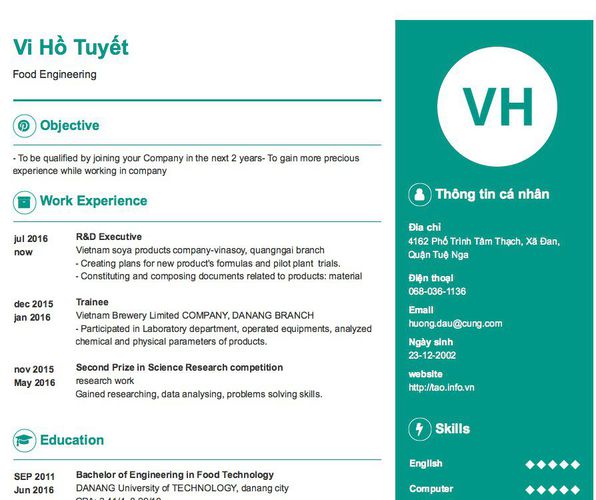 Mẫu CV Food Engineering