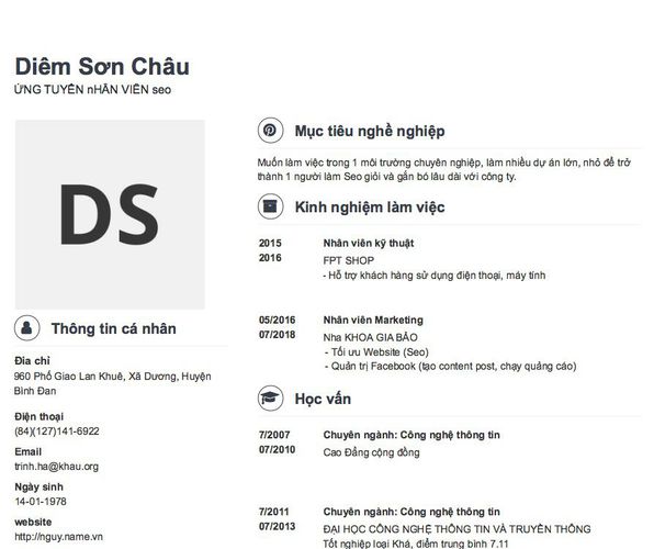 Mẫu CV ỨNG TUYỂN nHÂN VIÊN seo