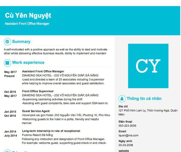 Mẫu CV Assistant Front Office Manager