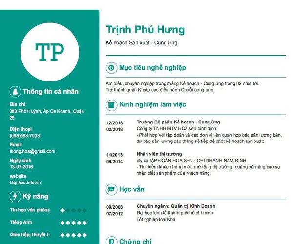 Mẫu CV Kế hoạch Sản xuât - Cung ứng