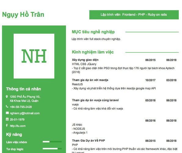 Mẫu CV Lập trình viên  Frontend - PHP - Ruby on rails