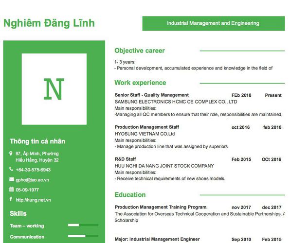 Mẫu CV Industrial Management and Engineering