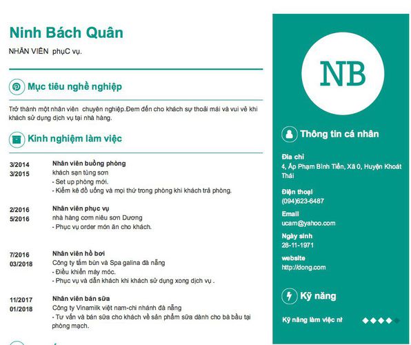 Mẫu CV NHÂN VIÊN  phụC vụ.