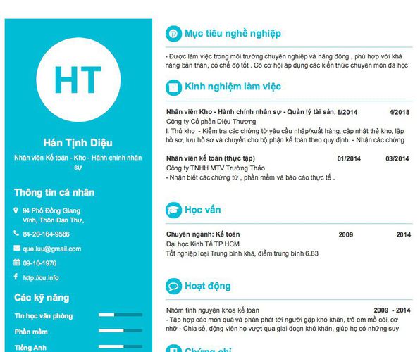 Mẫu CV Nhân viên Kế toán - Kho - Hành chính nhân sự