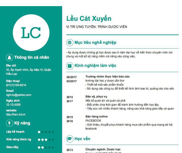 Mẫu CV VỊ TRÍ ỨNG TUYỂN: TRÌNH DƯỢC VIÊN