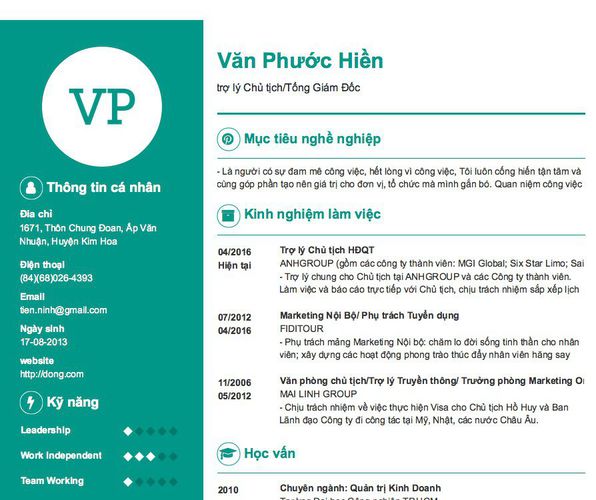 Mẫu CV trợ lý Chủ tịch/Tổng Giám Đốc