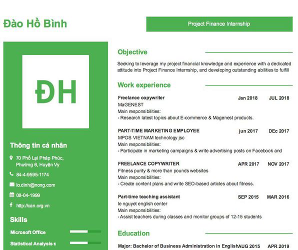 Mẫu CV Project Finance Internship