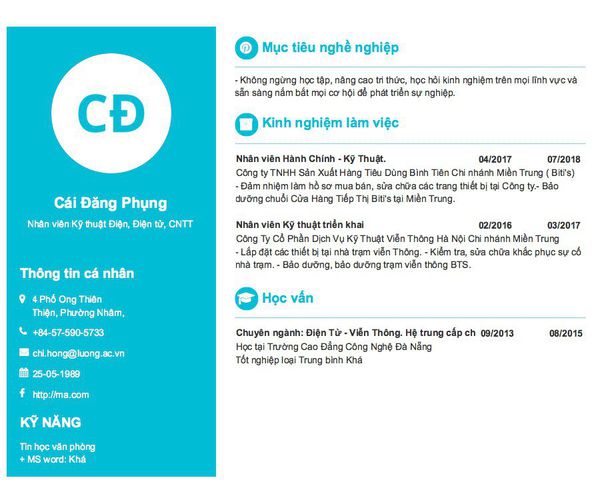 Mẫu CV Nhân viên Kỹ thuật Điện, Điện tử, CNTT