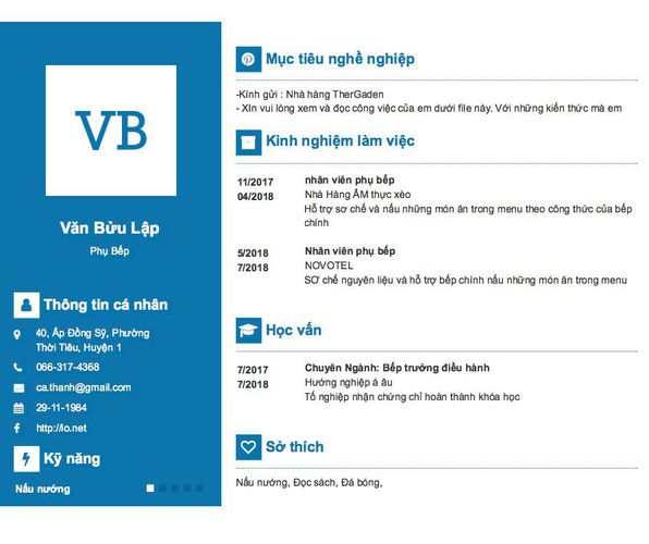 Mẫu CV Phụ Bếp