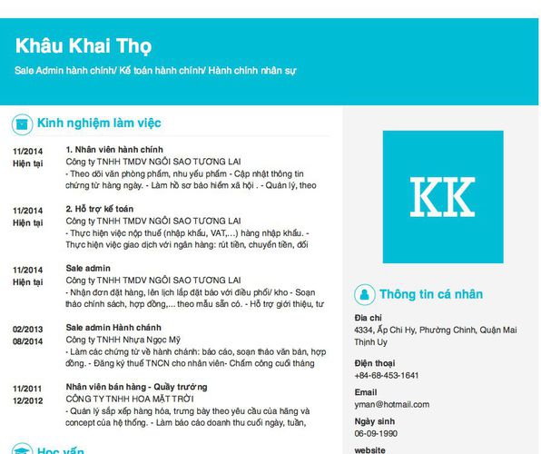Mẫu CV Sale Admin hành chính/ Kế toán hành chính/ Hành chính nhân sự