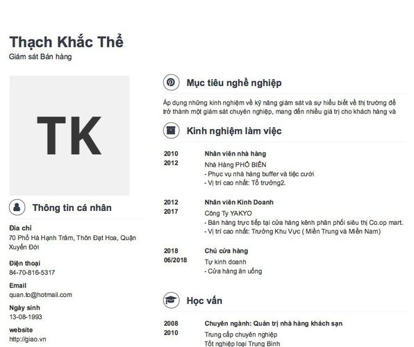 Mẫu CV Giám sát Bán hàng