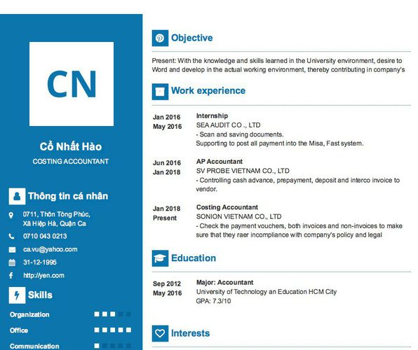 Mẫu CV COSTING ACCOUNTANT