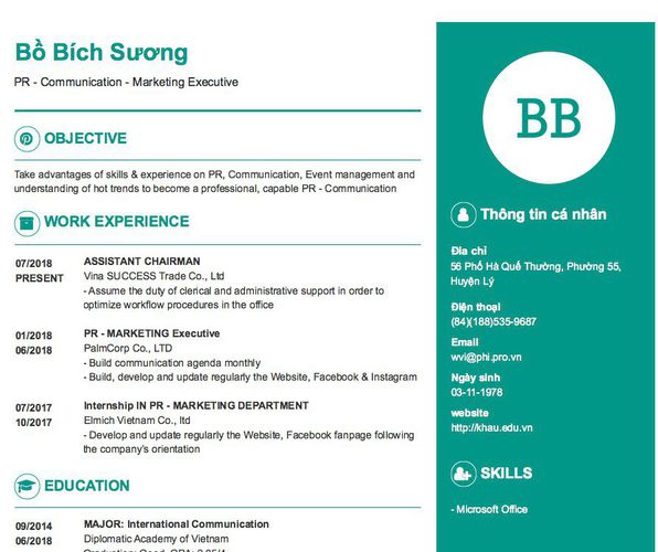 Mẫu CV PR - Communication - Marketing Executive