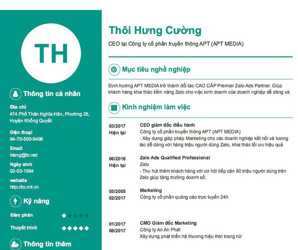 Gợi ý cách viết Mẫu CV tham khảo CEO tại Công ty cổ phần truyền thông APT (APT MEDIA)