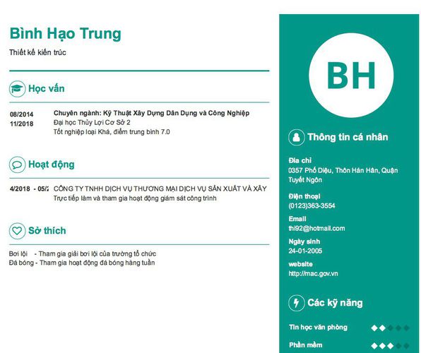 Mẫu CV Thiết kế kiến trúc