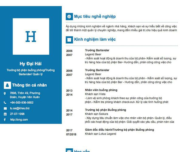 Gợi ý cách viết Mẫu CV tham khảo Trưởng bộ phận buồng phòng/Trưởng Bartender/ Quản lý
