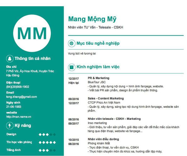 Mẫu CV Nhân viên TƯ Vấn - Telesale - CSKH