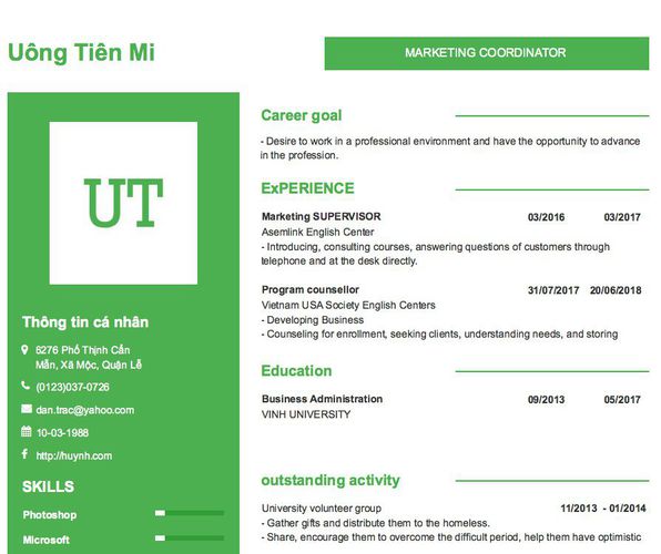 Mẫu CV MARKETING COORDINATOR