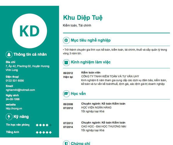 Mẫu CV Kiểm toán, Tài chính