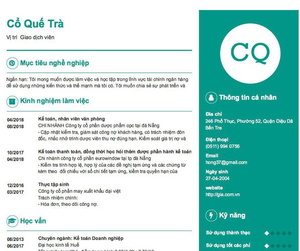 Mẫu CV Vị trí  Giao dịch viên
