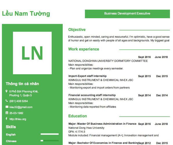 Mẫu CV Business Development Executive