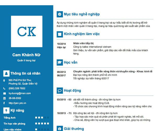 Mẫu CV Quản lí trang trại
