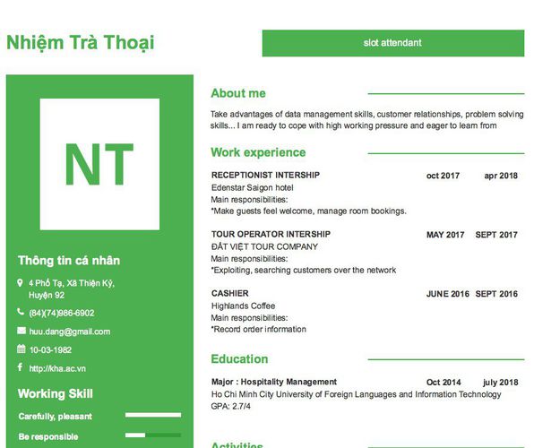 Mẫu CV slot attendant