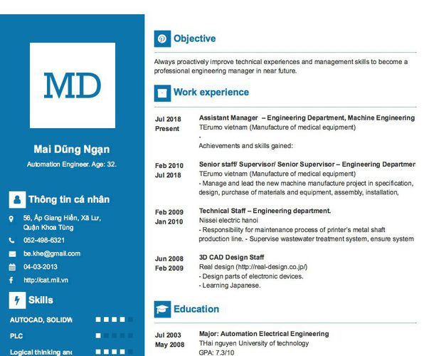 Mẫu CV Automation Engineer. Age: 32.