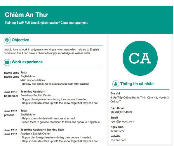 Mẫu CV Training Staff/ Full-time English teacher/ Class management