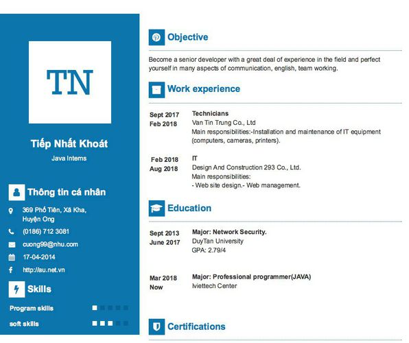 Mẫu CV Java Interns
