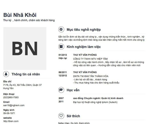 Mẫu CV Thư ký  , hành chính, chăm sóc khách hàng
