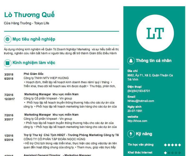 Mẫu CV Cửa Hàng Trưởng - Tokyo Life