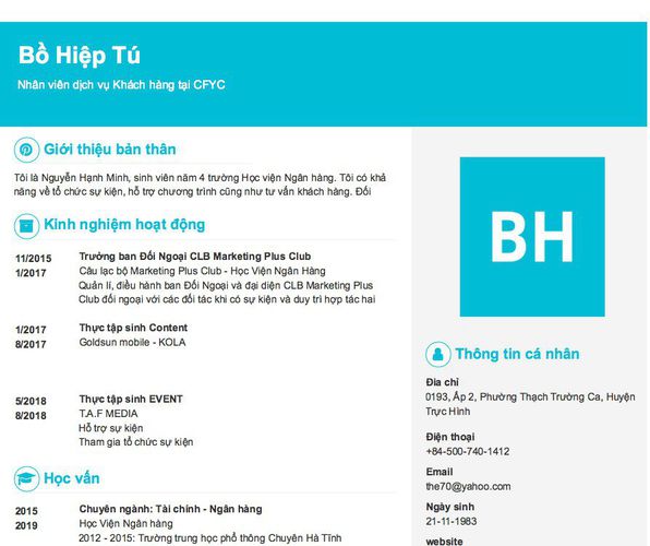 Mẫu CV Nhân viên dịch vụ Khách hàng tại CFYC