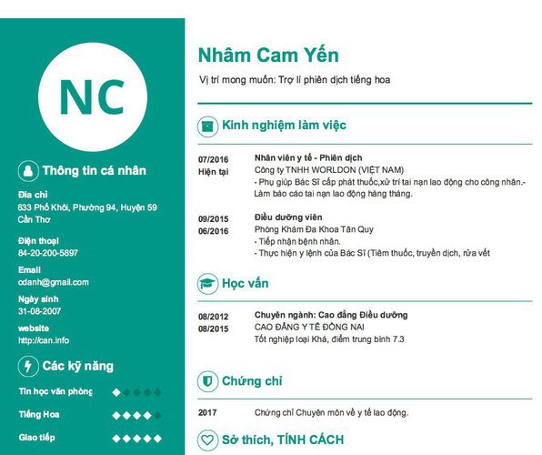 Mẫu CV  Vị trí mong muốn: Trợ lí phiên dịch tiếng hoa