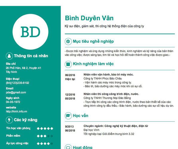 Gợi ý cách viết Mẫu CV tham khảo Kỹ sư điện, giám sát, thi công hệ thống điện của công ty