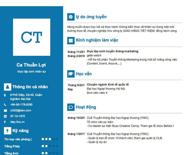 Mẫu CV thực tập sinh nhân sự