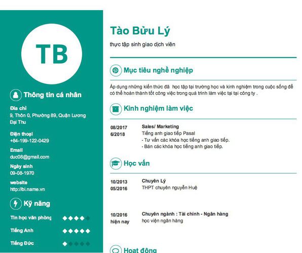 Mẫu CV thực tập sinh giao dịch viên