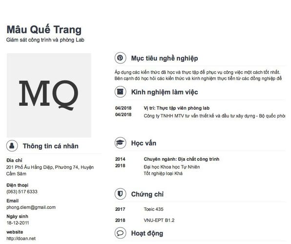 Mẫu CV Giám sát công trình và phòng Lab