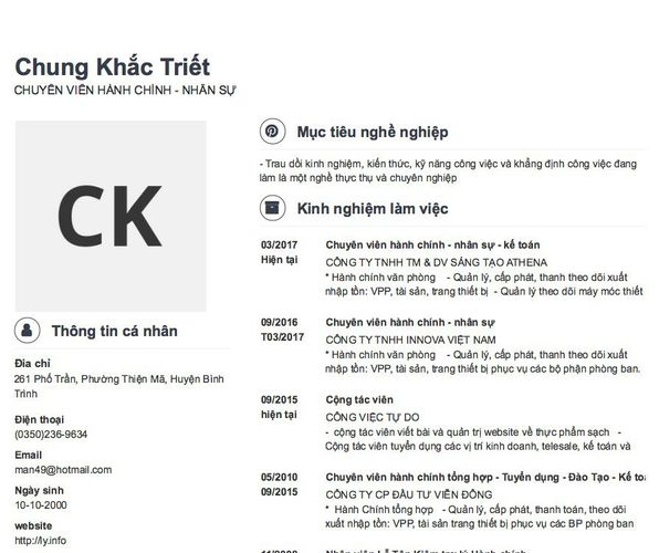 Gợi ý cách viết Mẫu CV tham khảo CHUYÊN VIÊN HÀNH CHÍNH - NHÂN SỰ
