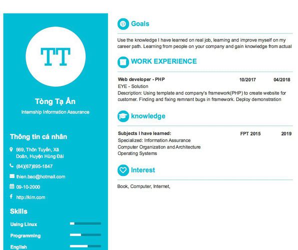 Mẫu CV Internship Information Assurance