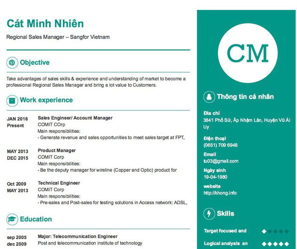 Mẫu CV Regional Sales Manager – Sangfor Vietnam
