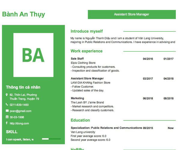 Mẫu CV Assistant Store Manager
