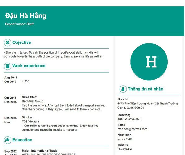 Mẫu CV Export/ Import Staff