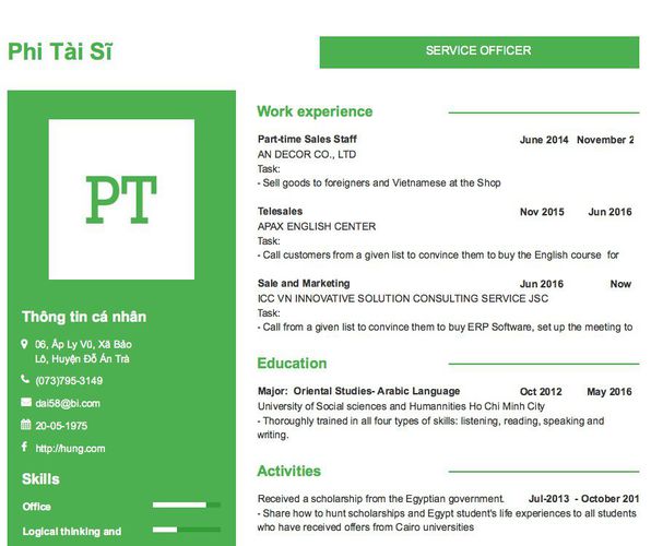 Mẫu CV SERVICE OFFICER