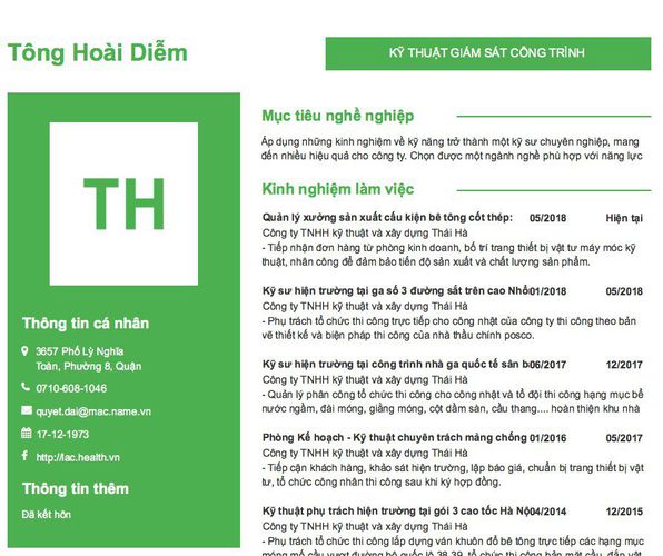 Mẫu CV KỸ THUẬT GIÁM SÁT CÔNG TRÌNH